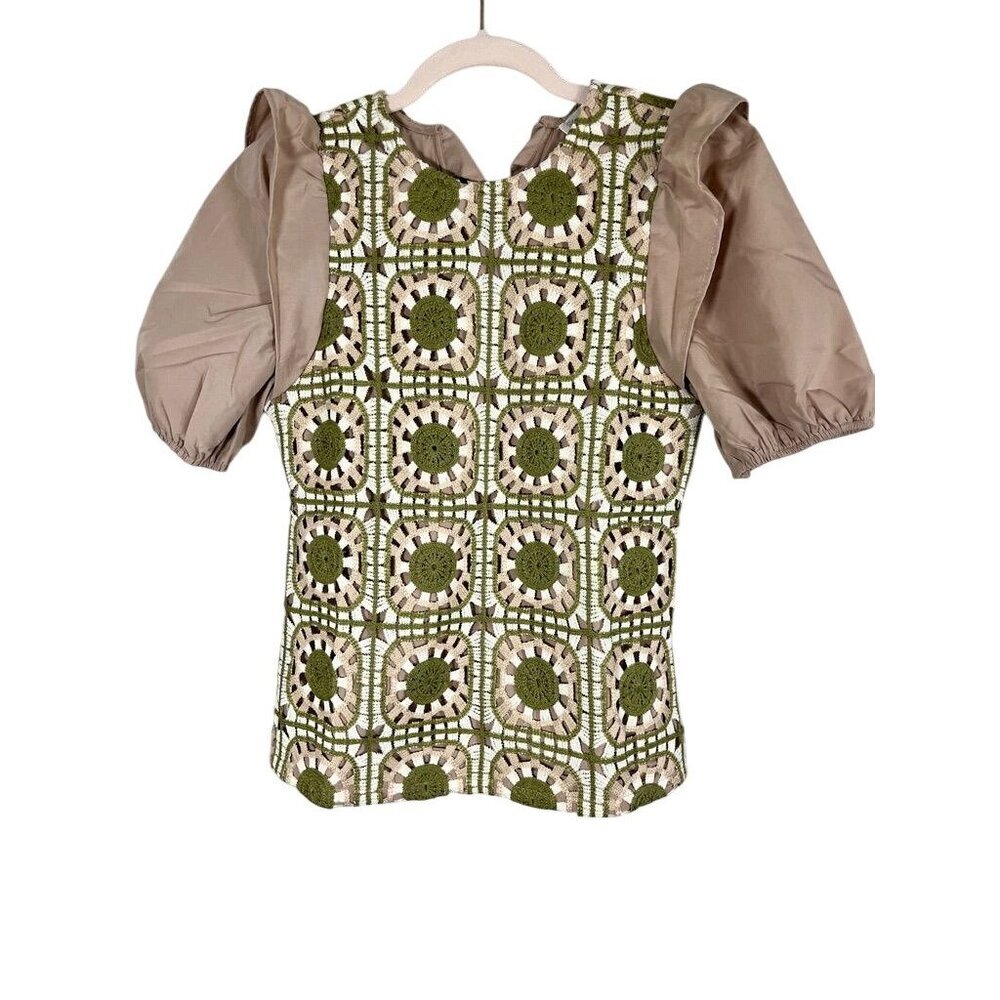Retro Patchwork Quilt Crochet Dress Tan XL Boho Indie Folk Preppy Neutral 80s